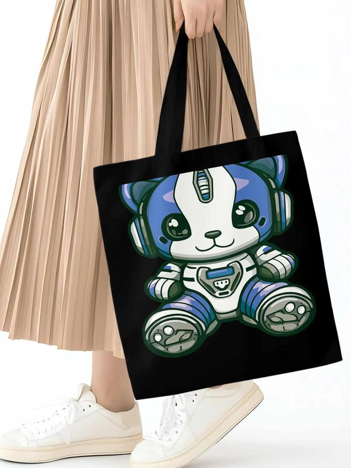 Canvas Tote Bag, Cartoon Cute Mascot Robots patterned Canvas Tote Handbags for Women Shoulder Bag,