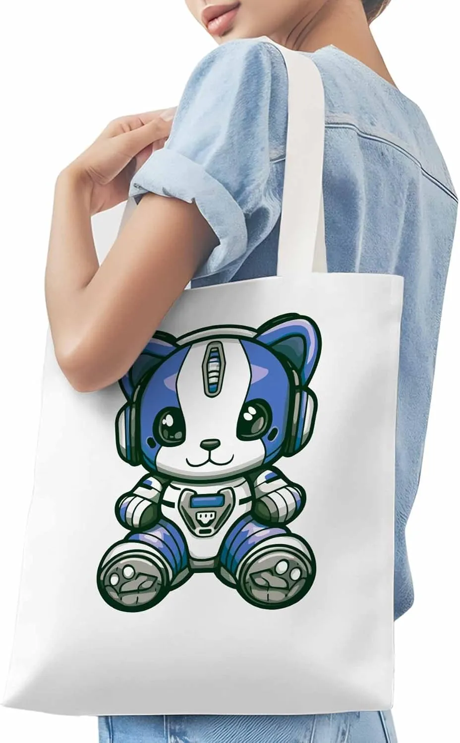 Canvas Tote Bag, Cartoon Cute Mascot Robots patterned Canvas Tote Handbags for Women Shoulder Bag,