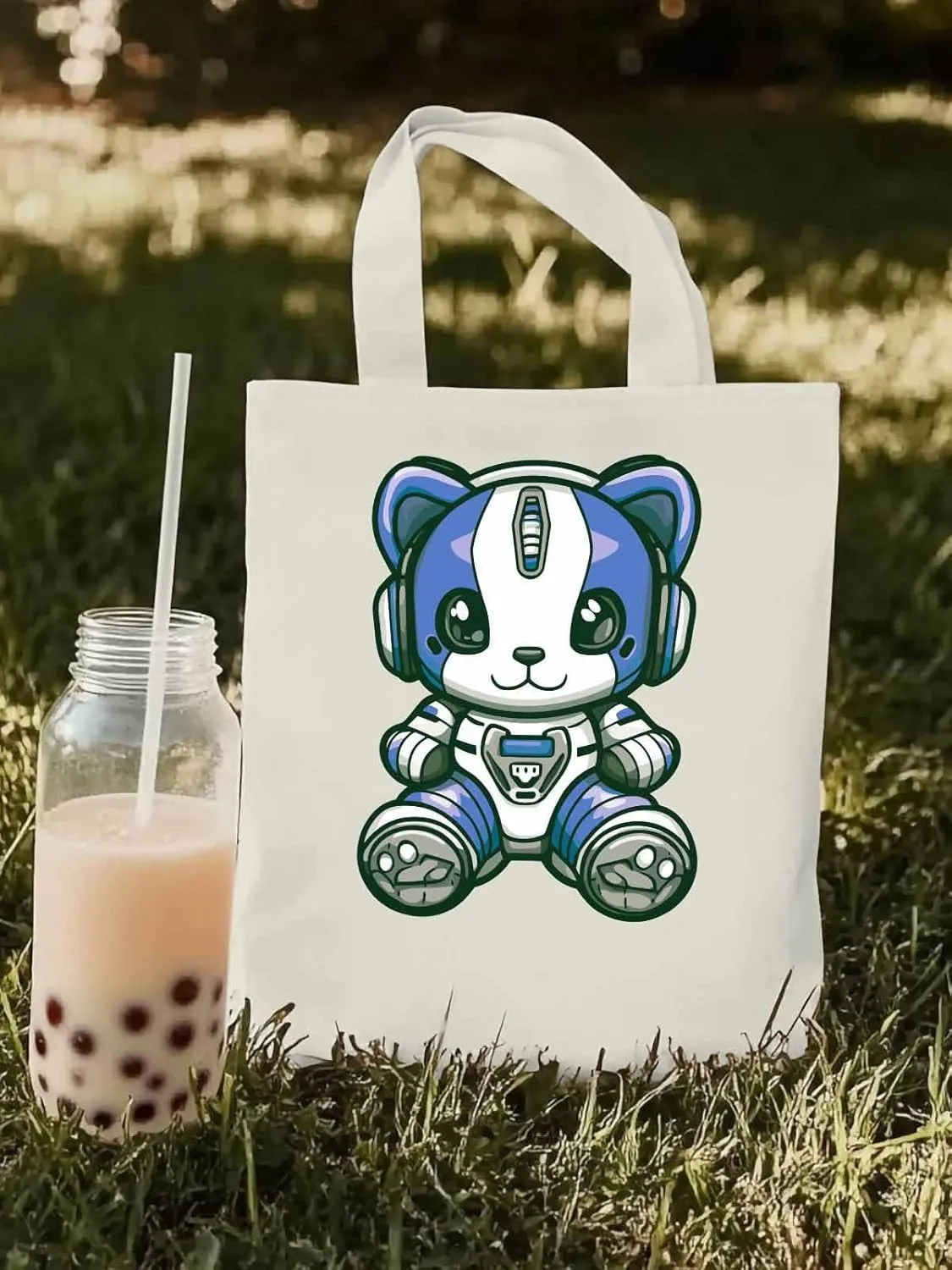 Canvas Tote Bag, Cartoon Cute Mascot Robots patterned Canvas Tote Handbags for Women Shoulder Bag,