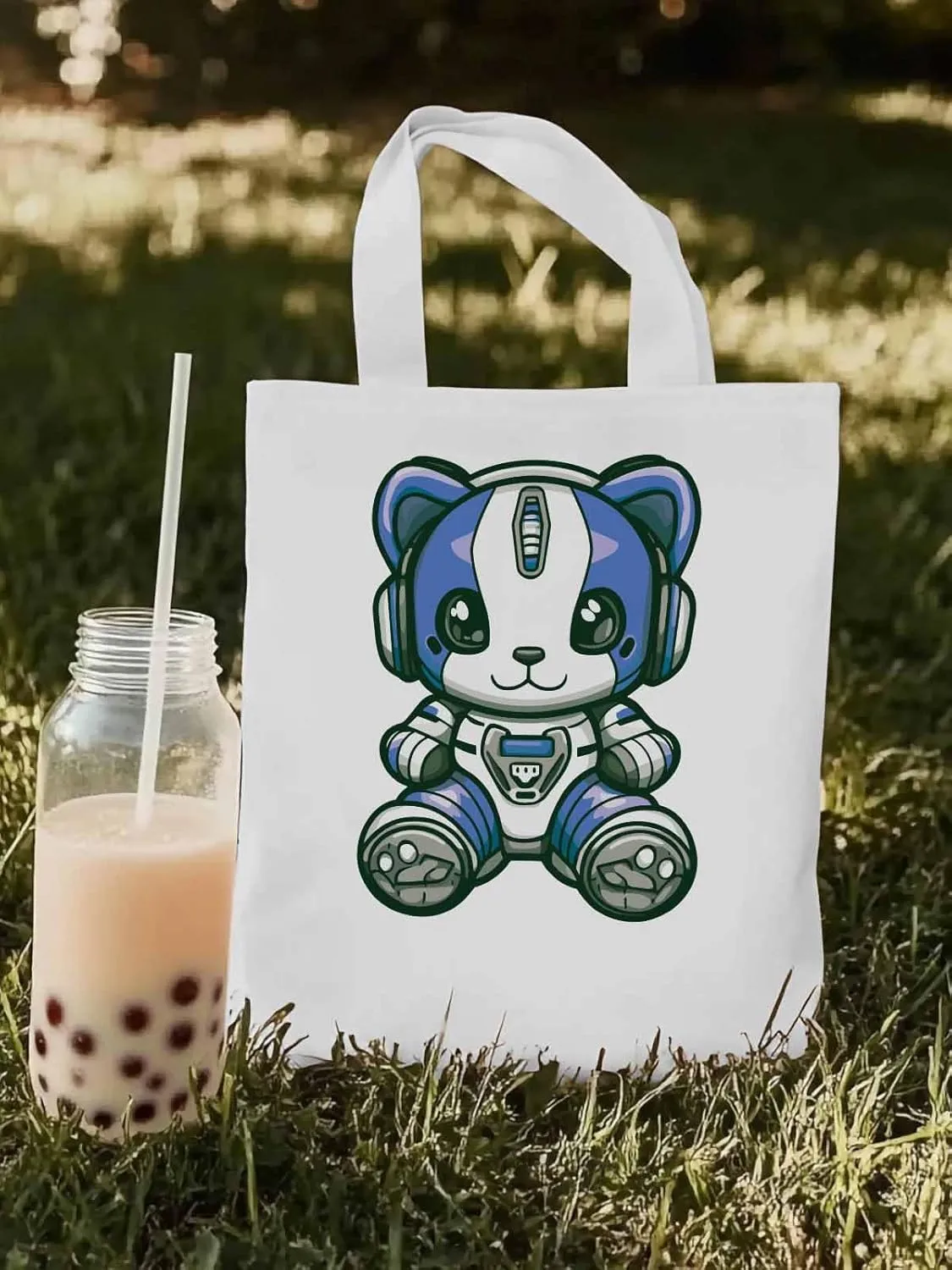 Canvas Tote Bag, Cartoon Cute Mascot Robots patterned Canvas Tote Handbags for Women Shoulder Bag,