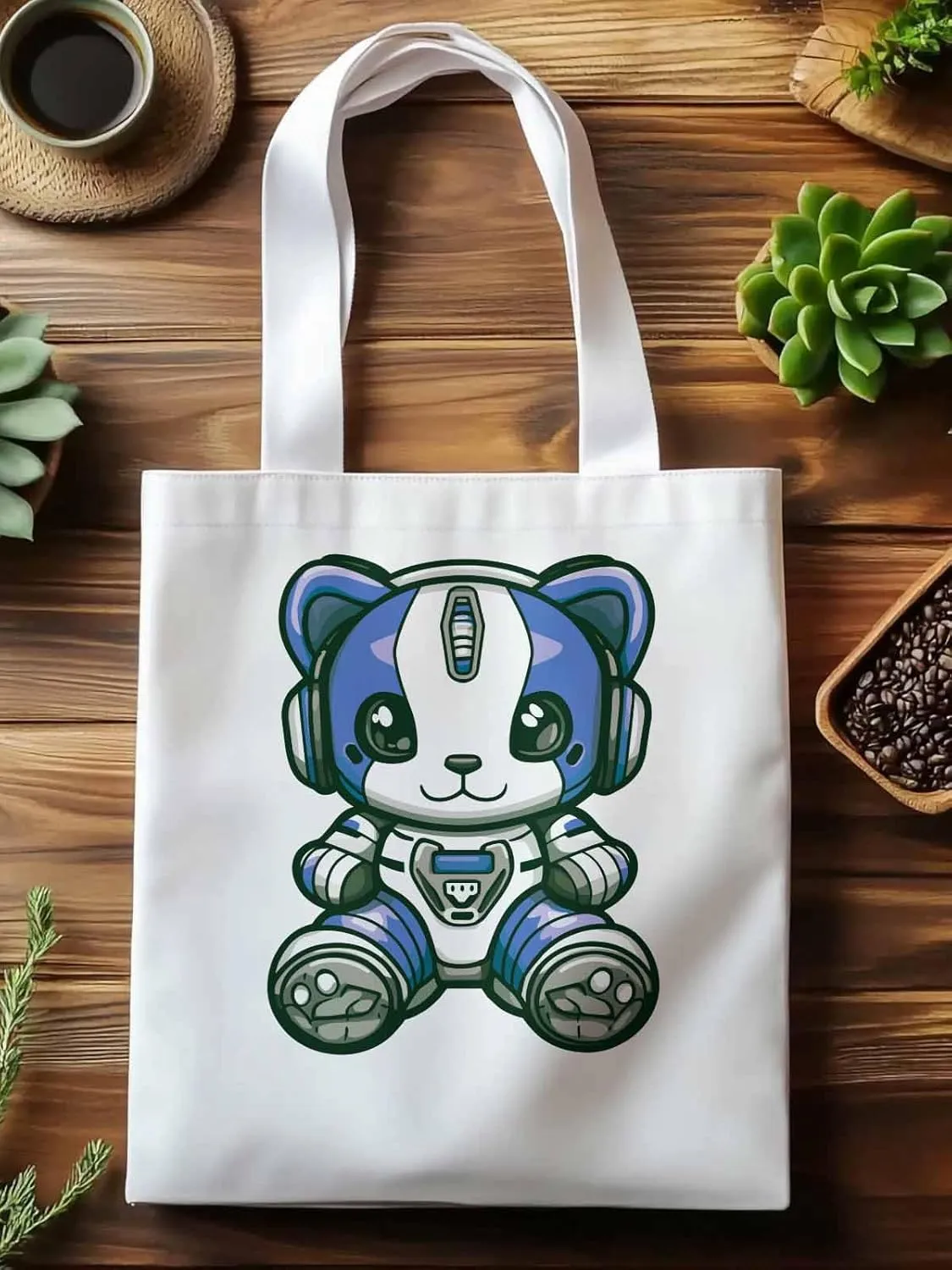 Canvas Tote Bag, Cartoon Cute Mascot Robots patterned Canvas Tote Handbags for Women Shoulder Bag,