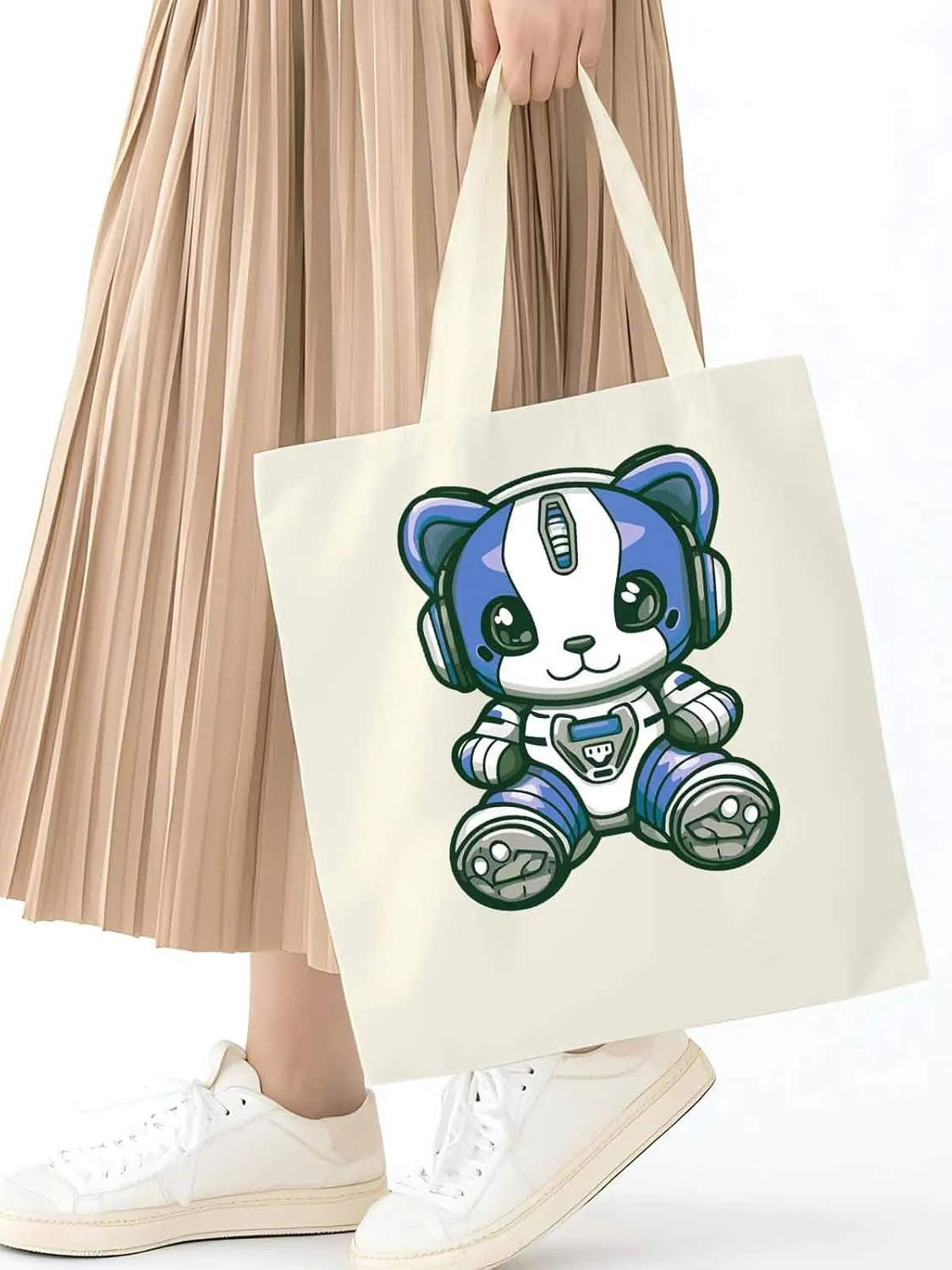 Canvas Tote Bag, Cartoon Cute Mascot Robots patterned Canvas Tote Handbags for Women Shoulder Bag,