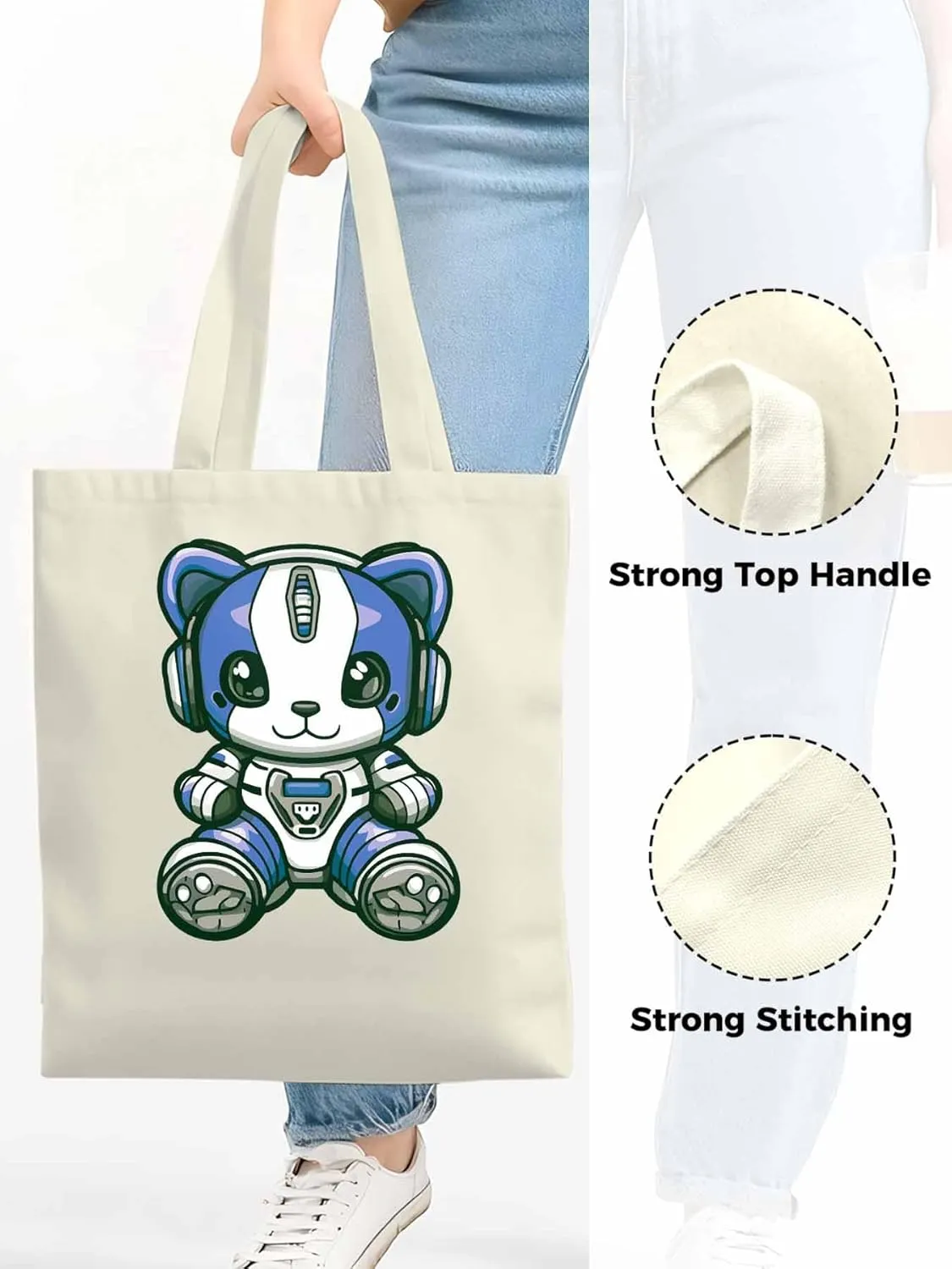 Canvas Tote Bag, Cartoon Cute Mascot Robots patterned Canvas Tote Handbags for Women Shoulder Bag,