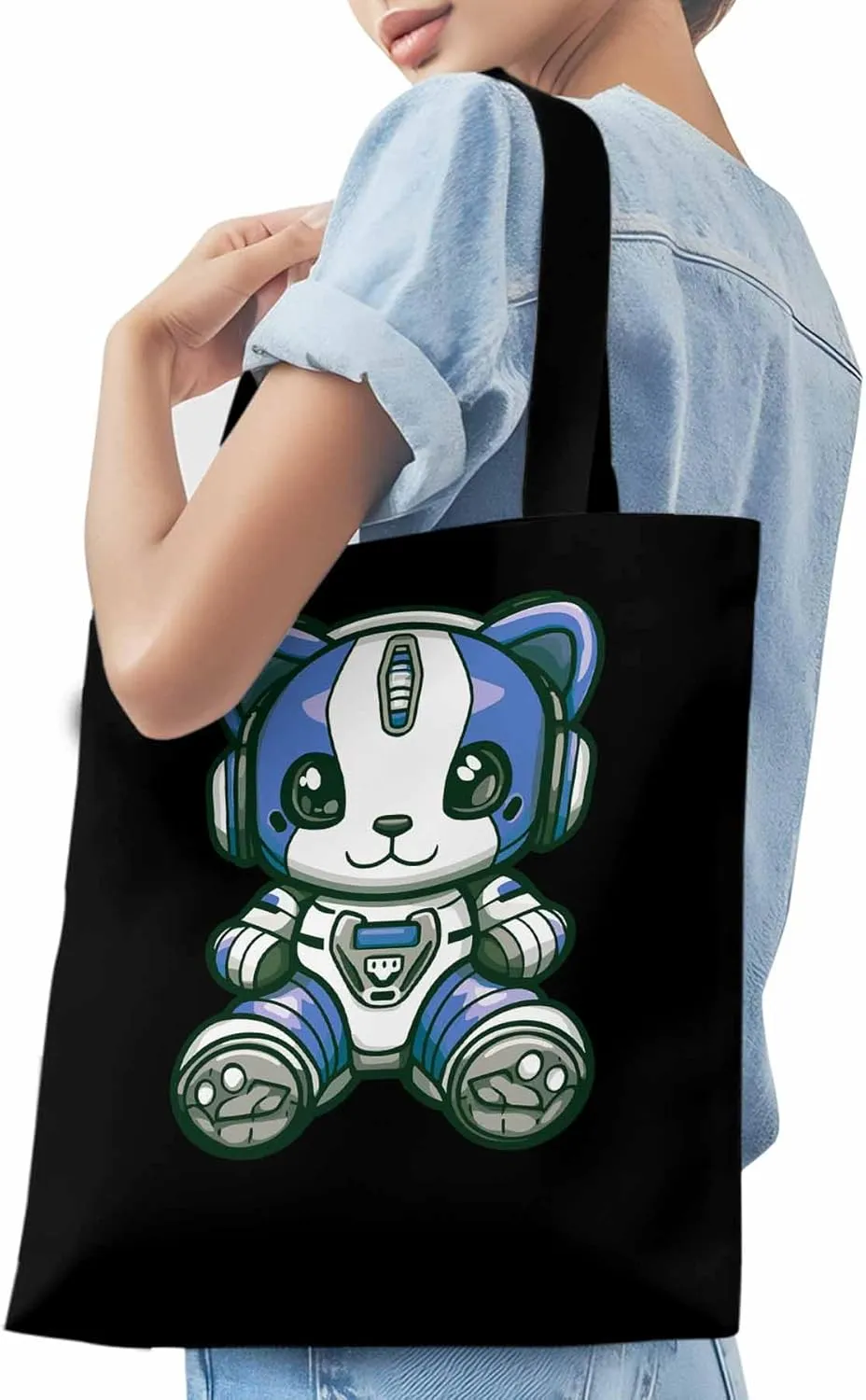 Canvas Tote Bag, Cartoon Cute Mascot Robots patterned Canvas Tote Handbags for Women Shoulder Bag,