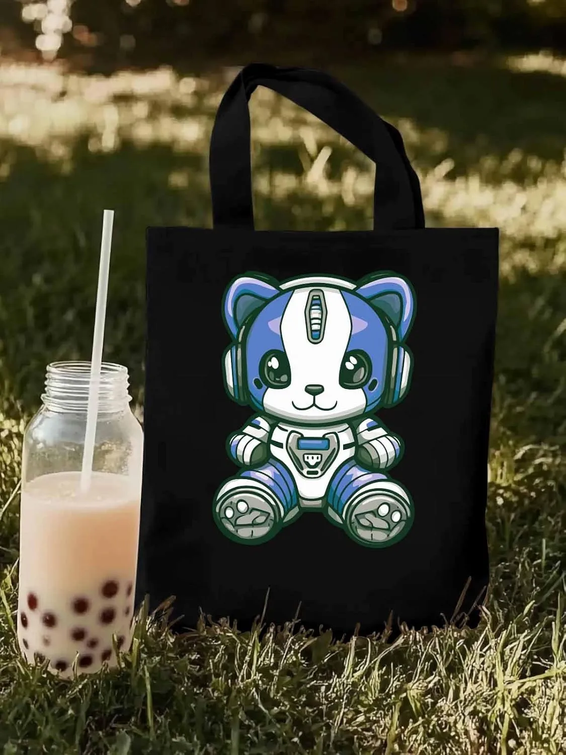 Canvas Tote Bag, Cartoon Cute Mascot Robots patterned Canvas Tote Handbags for Women Shoulder Bag,