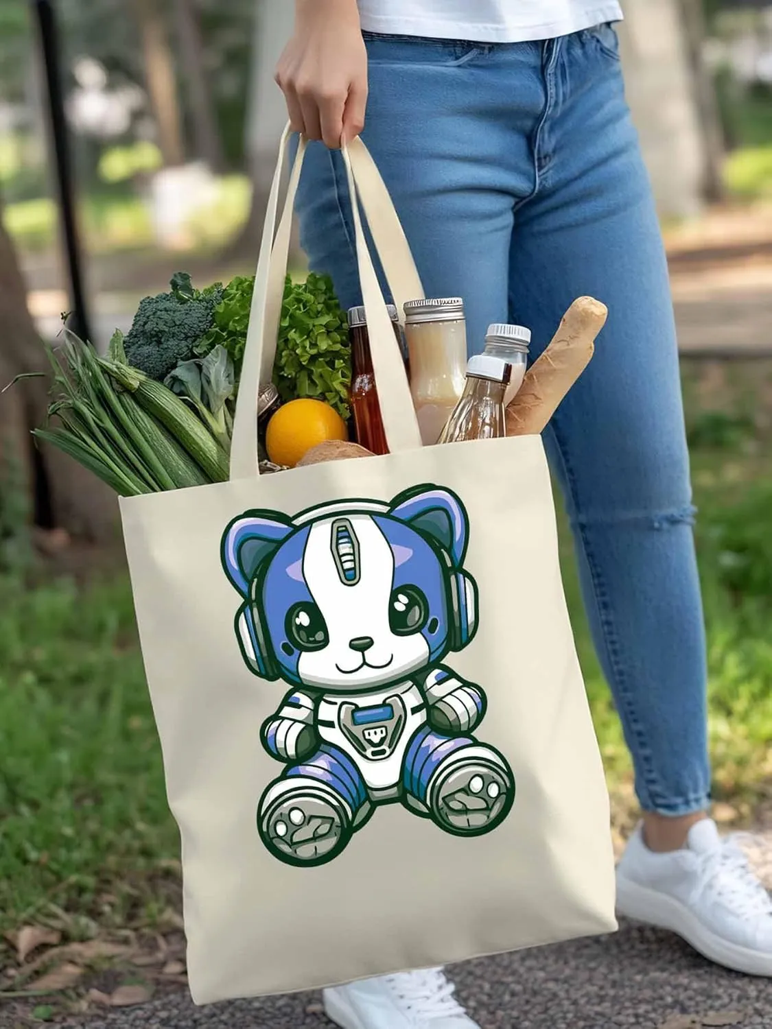 Canvas Tote Bag, Cartoon Cute Mascot Robots patterned Canvas Tote Handbags for Women Shoulder Bag,