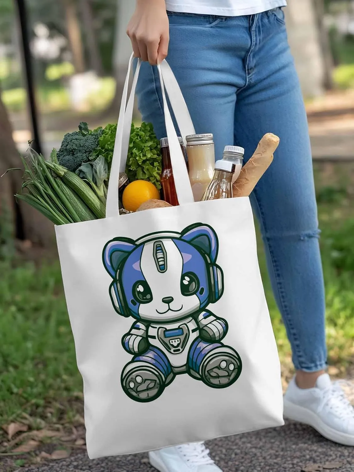 Canvas Tote Bag, Cartoon Cute Mascot Robots patterned Canvas Tote Handbags for Women Shoulder Bag,