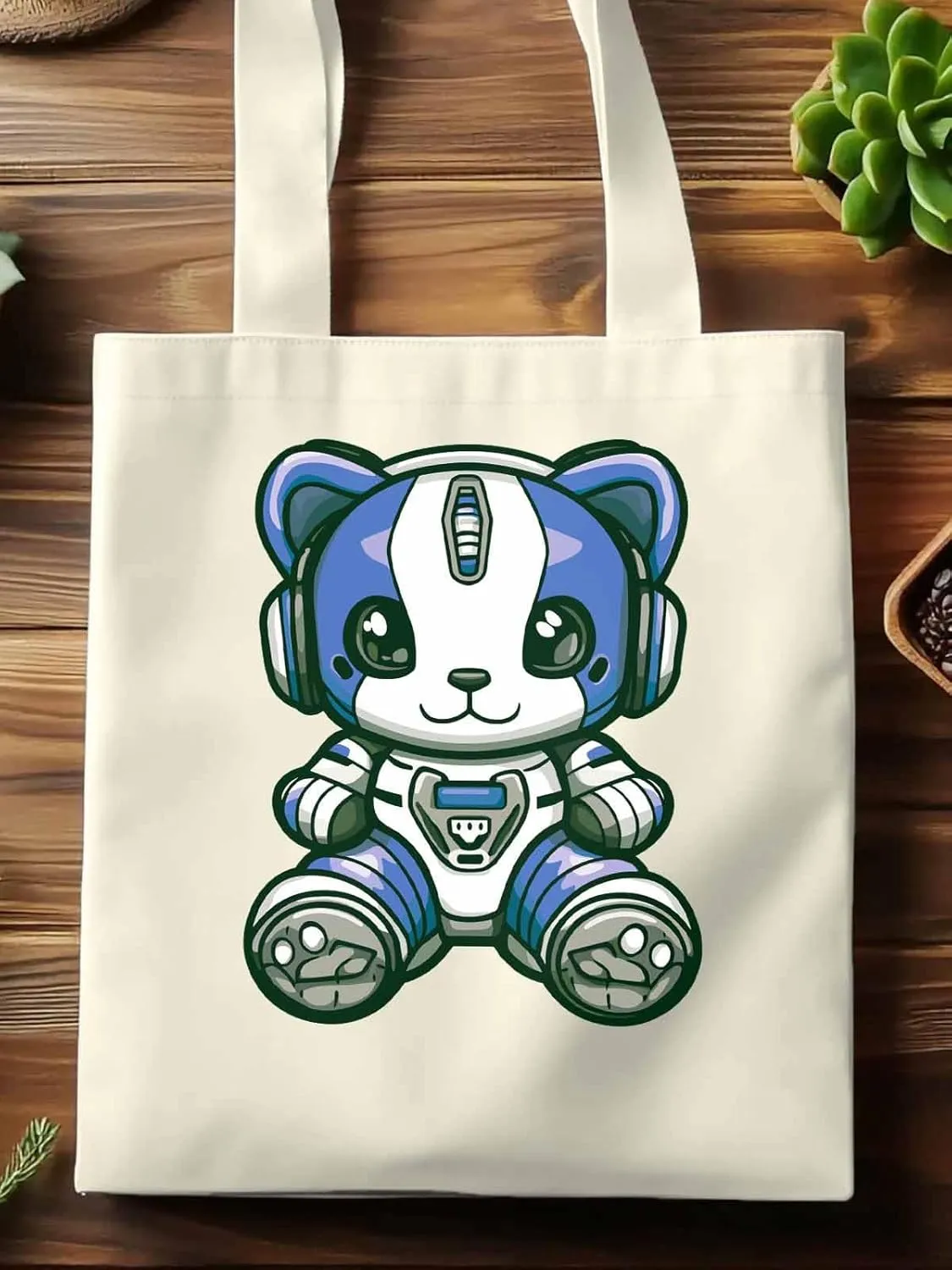 Canvas Tote Bag, Cartoon Cute Mascot Robots patterned Canvas Tote Handbags for Women Shoulder Bag,