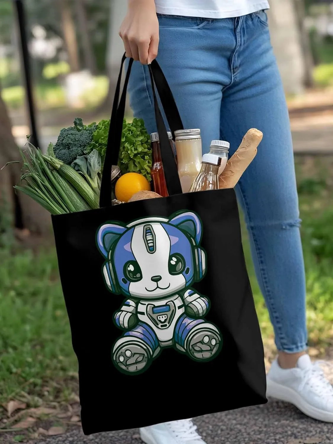 Canvas Tote Bag, Cartoon Cute Mascot Robots patterned Canvas Tote Handbags for Women Shoulder Bag,