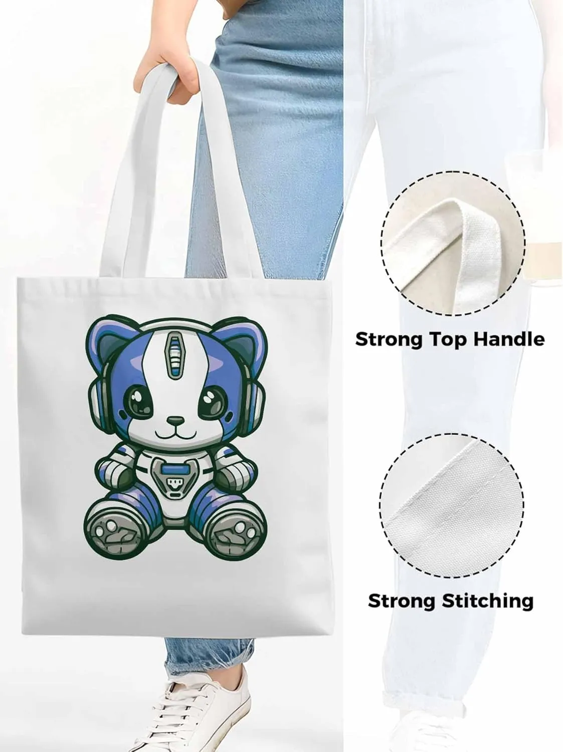 Canvas Tote Bag, Cartoon Cute Mascot Robots patterned Canvas Tote Handbags for Women Shoulder Bag,