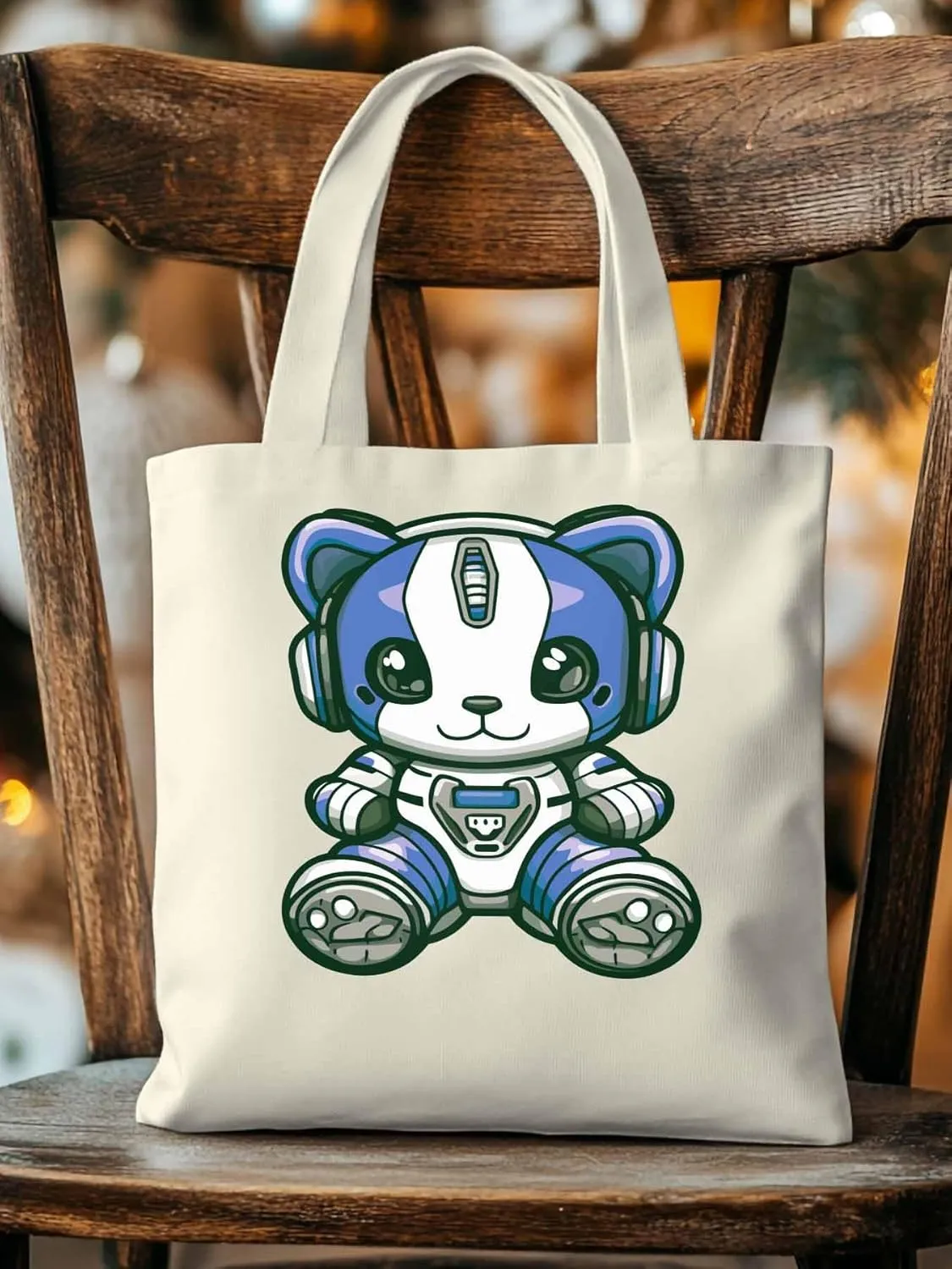 Canvas Tote Bag, Cartoon Cute Mascot Robots patterned Canvas Tote Handbags for Women Shoulder Bag,