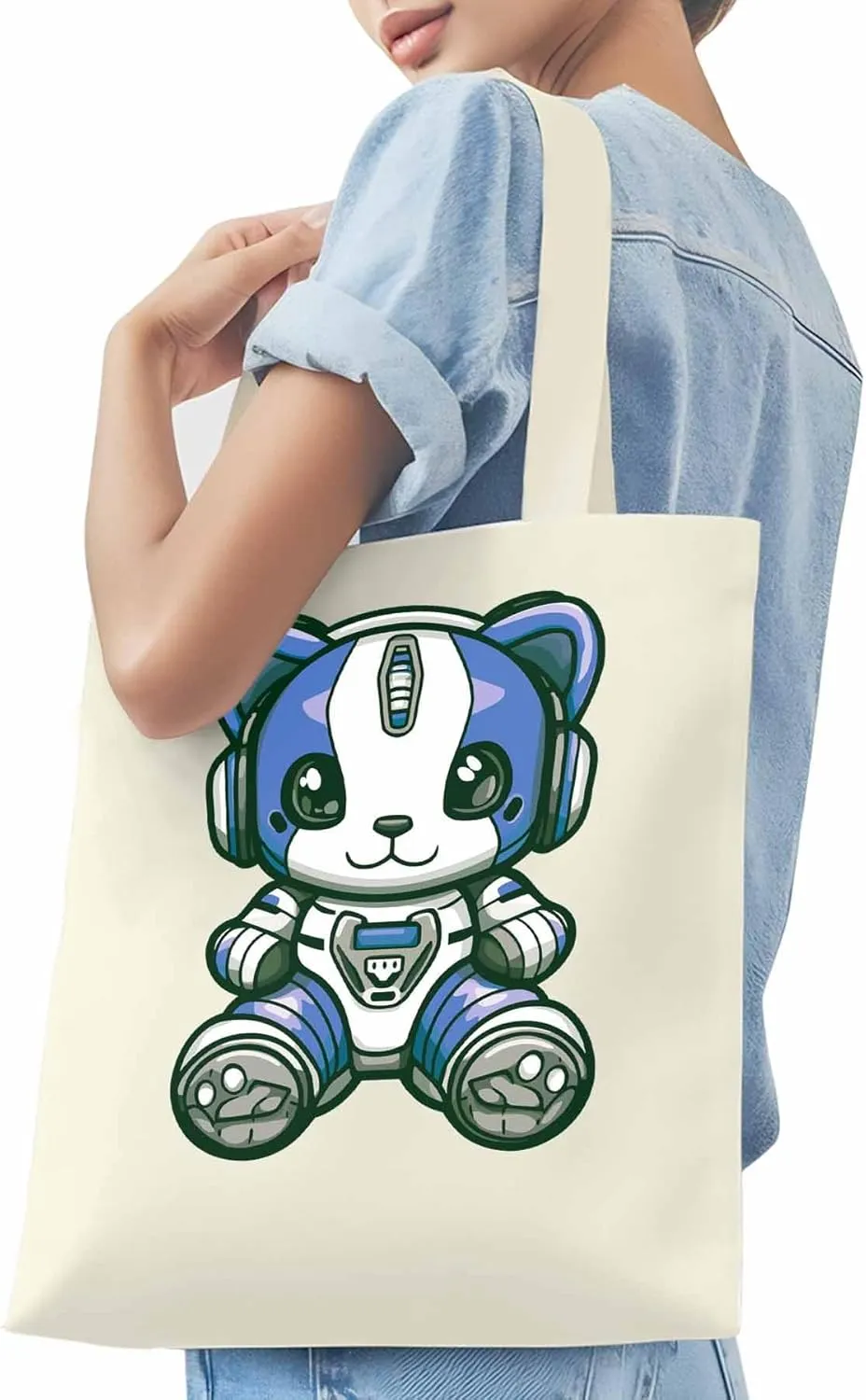 Canvas Tote Bag, Cartoon Cute Mascot Robots patterned Canvas Tote Handbags for Women Shoulder Bag,