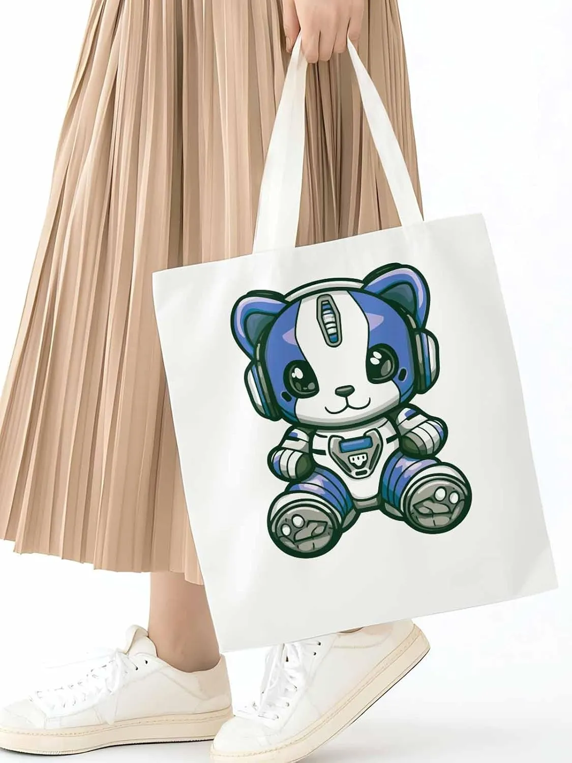 Canvas Tote Bag, Cartoon Cute Mascot Robots patterned Canvas Tote Handbags for Women Shoulder Bag,