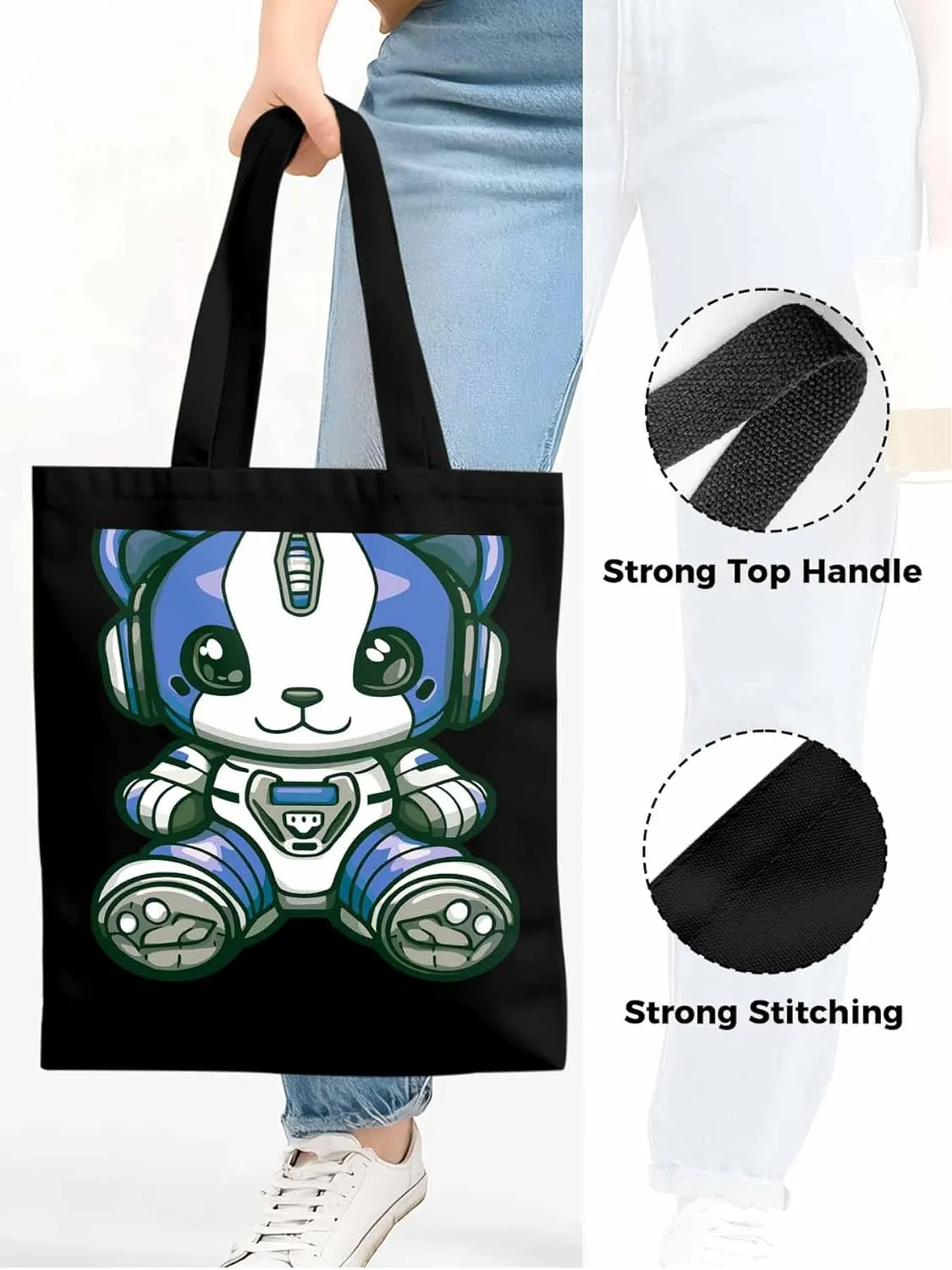 Canvas Tote Bag, Cartoon Cute Mascot Robots patterned Canvas Tote Handbags for Women Shoulder Bag,