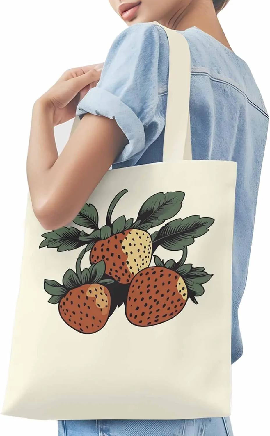 Canvas Tote Bag, Cartoon Fruit Aesthetic Canvas Tote Handbags for Women Shoulder Bag Vintage Strawberry