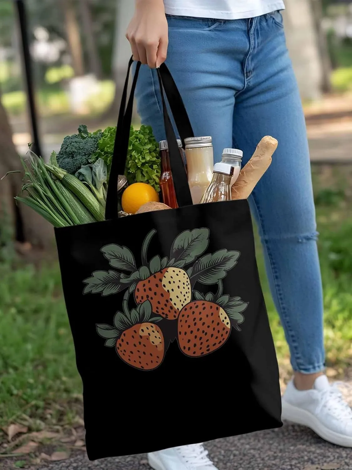 Canvas Tote Bag, Cartoon Fruit Aesthetic Canvas Tote Handbags for Women Shoulder Bag Vintage Strawberry