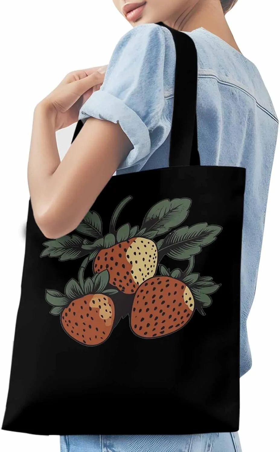 Canvas Tote Bag, Cartoon Fruit Aesthetic Canvas Tote Handbags for Women Shoulder Bag Vintage Strawberry