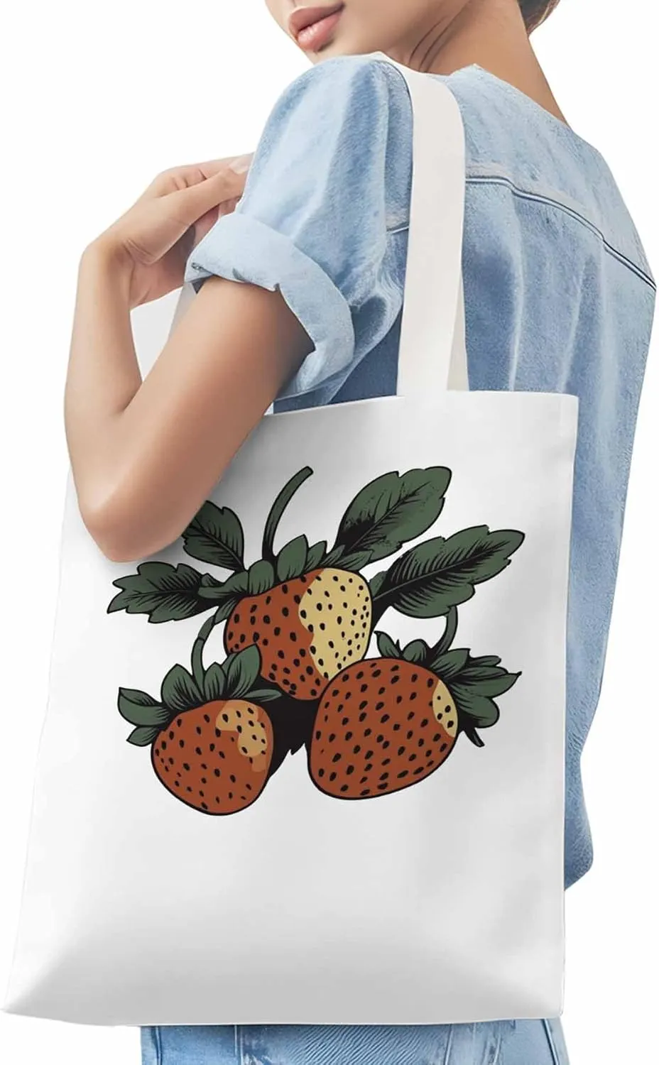 Canvas Tote Bag, Cartoon Fruit Aesthetic Canvas Tote Handbags for Women Shoulder Bag Vintage Strawberry