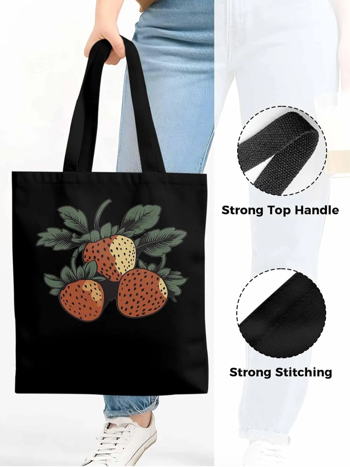 Canvas Tote Bag, Cartoon Fruit Aesthetic Canvas Tote Handbags for Women Shoulder Bag Vintage Strawberry