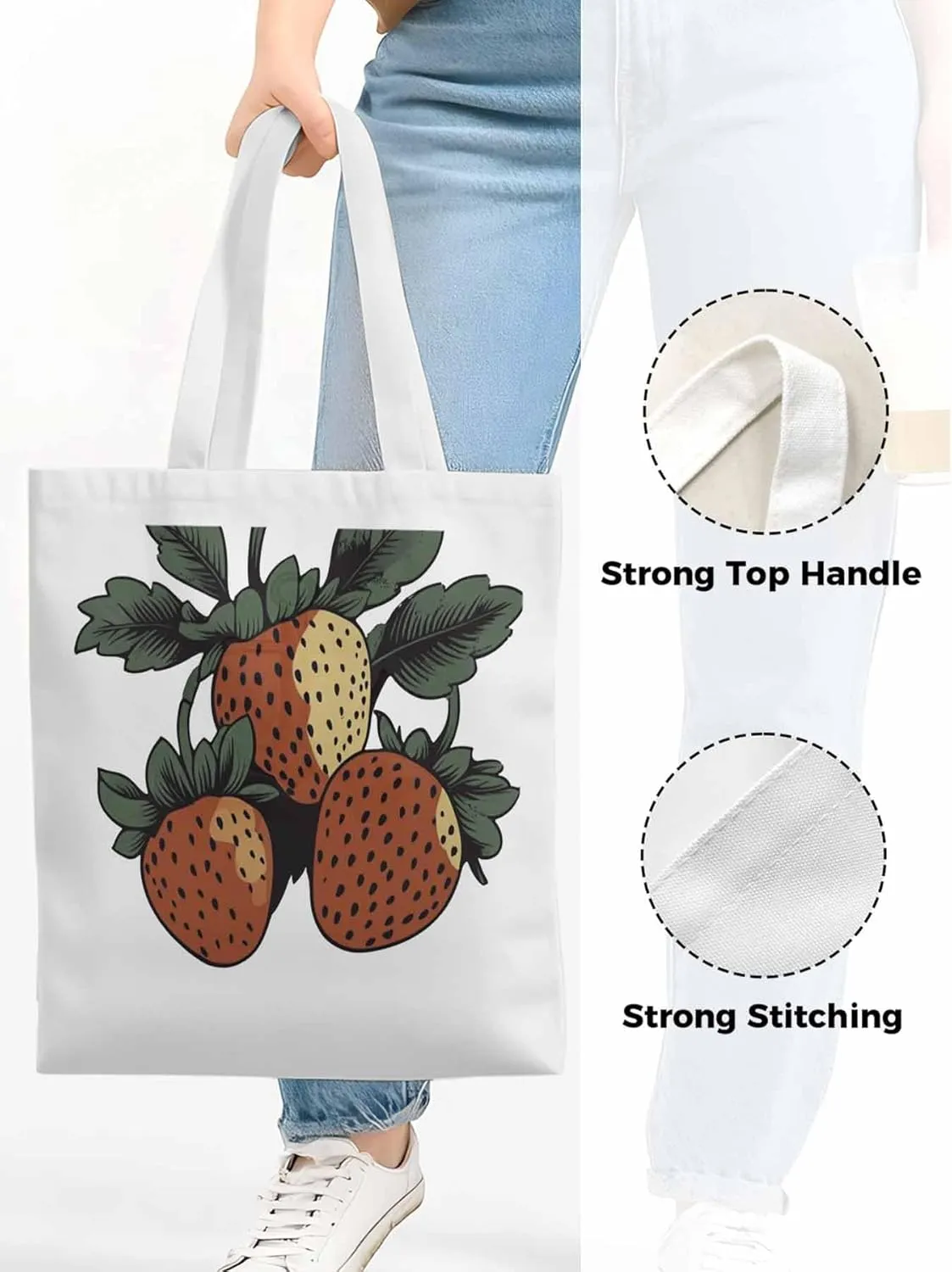 Canvas Tote Bag, Cartoon Fruit Aesthetic Canvas Tote Handbags for Women Shoulder Bag Vintage Strawberry