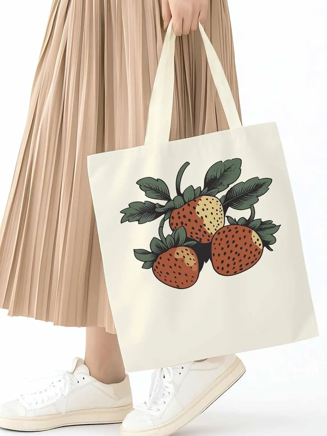 Canvas Tote Bag, Cartoon Fruit Aesthetic Canvas Tote Handbags for Women Shoulder Bag Vintage Strawberry