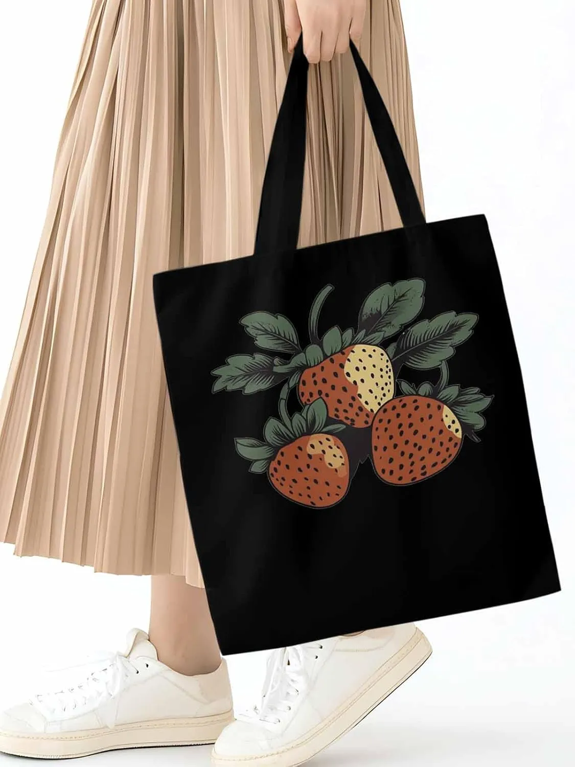 Canvas Tote Bag, Cartoon Fruit Aesthetic Canvas Tote Handbags for Women Shoulder Bag Vintage Strawberry