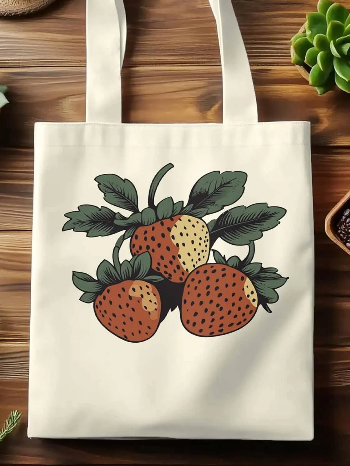 Canvas Tote Bag, Cartoon Fruit Aesthetic Canvas Tote Handbags for Women Shoulder Bag Vintage Strawberry