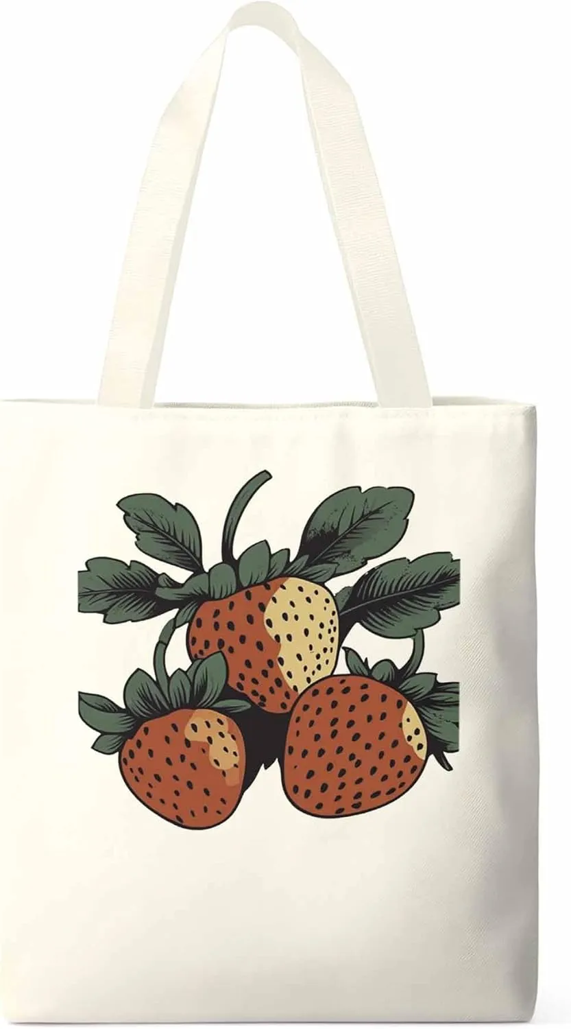Canvas Tote Bag, Cartoon Fruit Aesthetic Canvas Tote Handbags for Women Shoulder Bag Vintage Strawberry