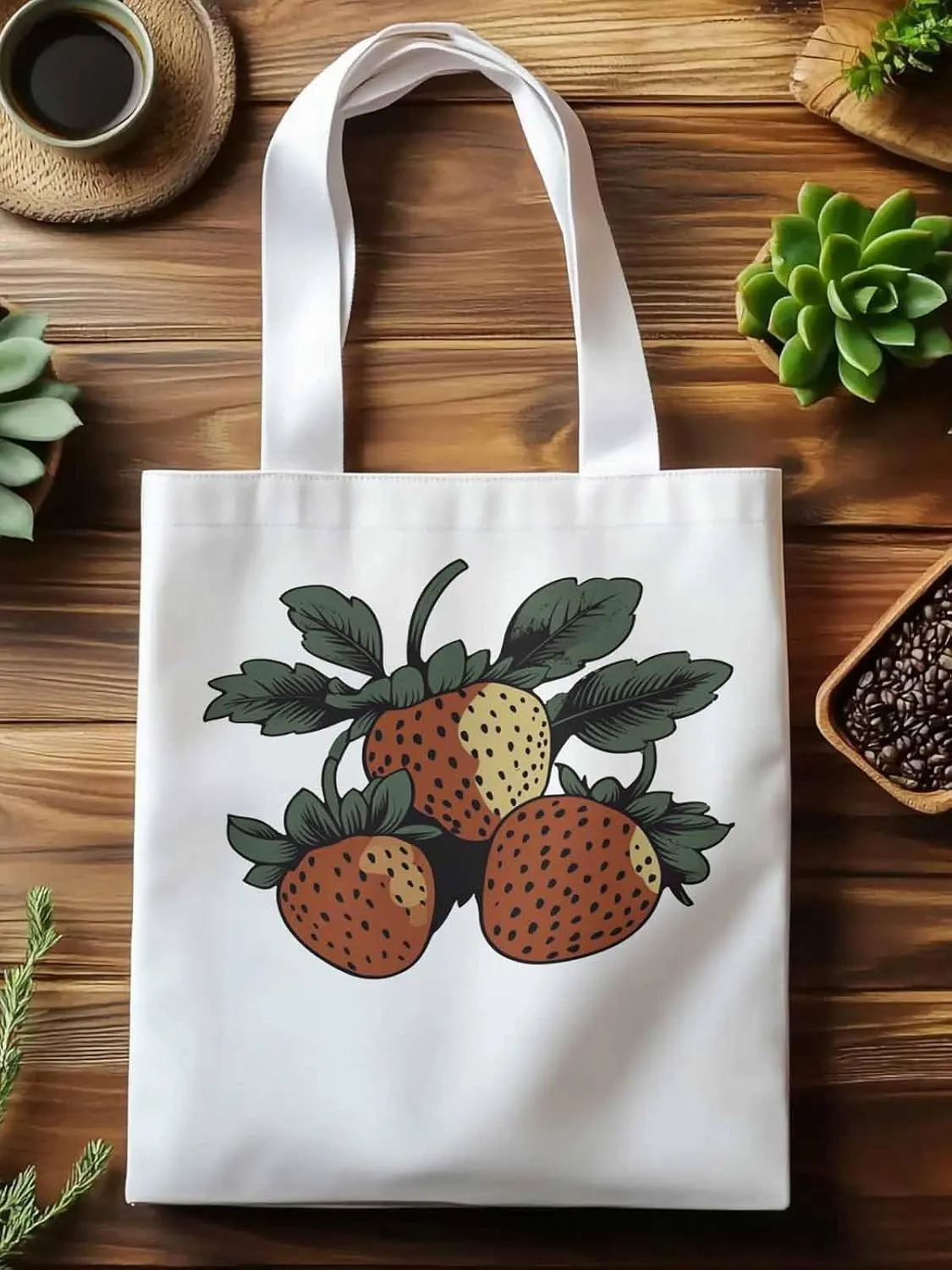 Canvas Tote Bag, Cartoon Fruit Aesthetic Canvas Tote Handbags for Women Shoulder Bag Vintage Strawberry