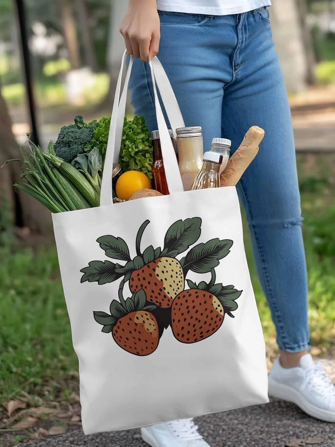 Canvas Tote Bag, Cartoon Fruit Aesthetic Canvas Tote Handbags for Women Shoulder Bag Vintage Strawberry