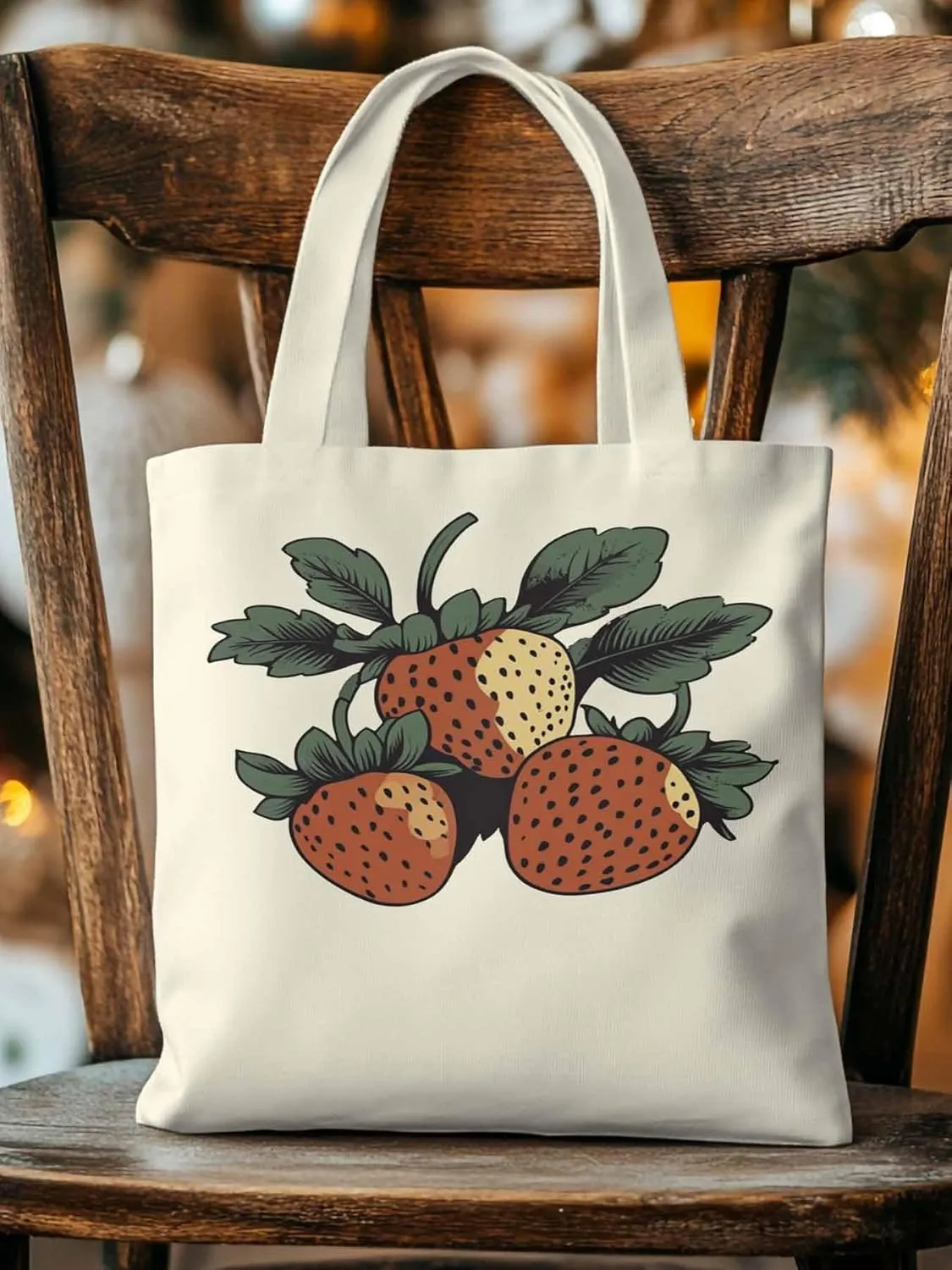 Canvas Tote Bag, Cartoon Fruit Aesthetic Canvas Tote Handbags for Women Shoulder Bag Vintage Strawberry