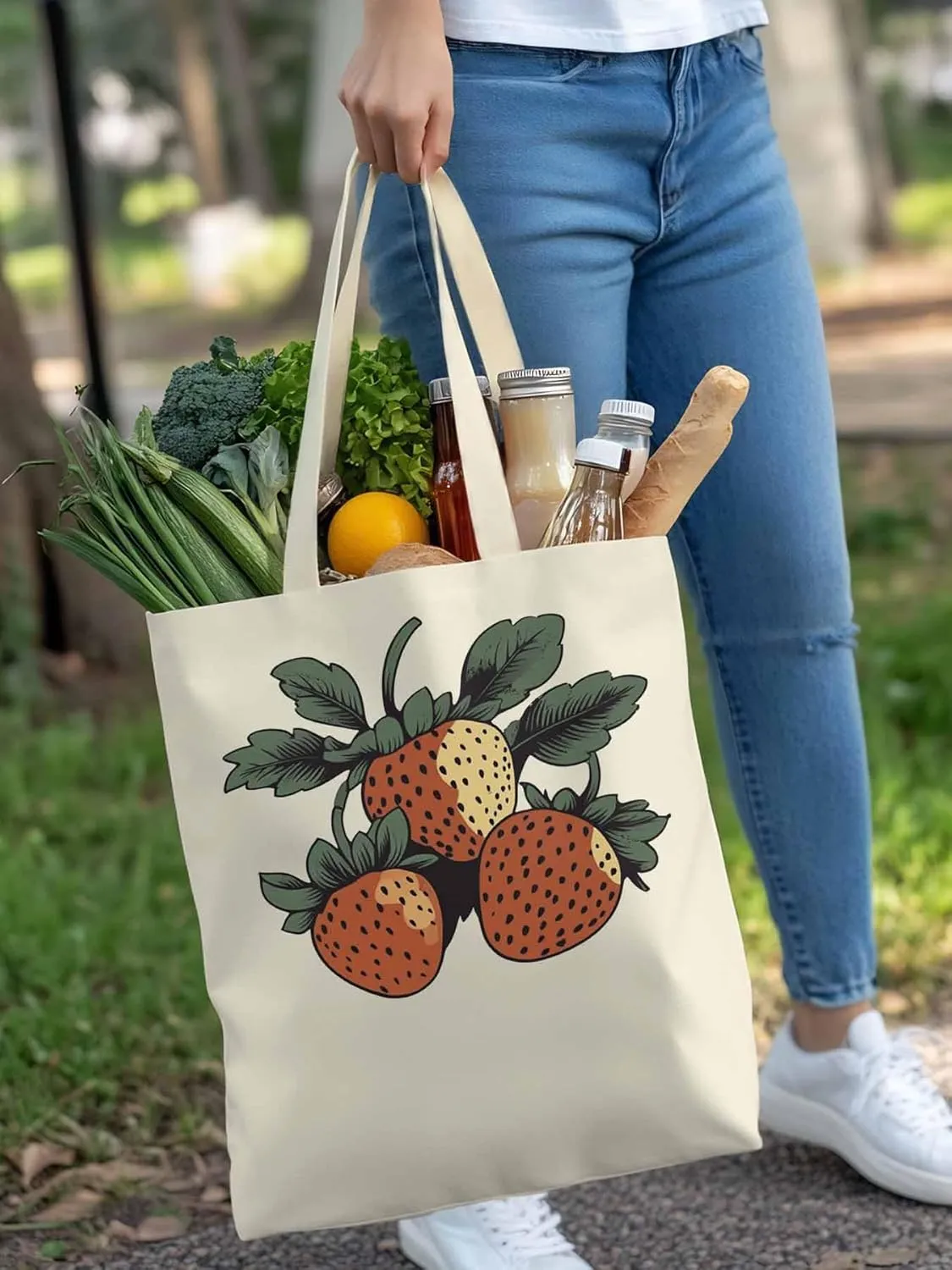 Canvas Tote Bag, Cartoon Fruit Aesthetic Canvas Tote Handbags for Women Shoulder Bag Vintage Strawberry