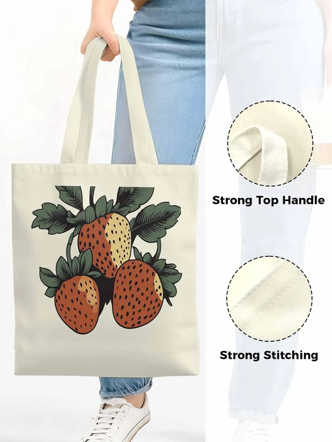 Canvas Tote Bag, Cartoon Fruit Aesthetic Canvas Tote Handbags for Women Shoulder Bag Vintage Strawberry