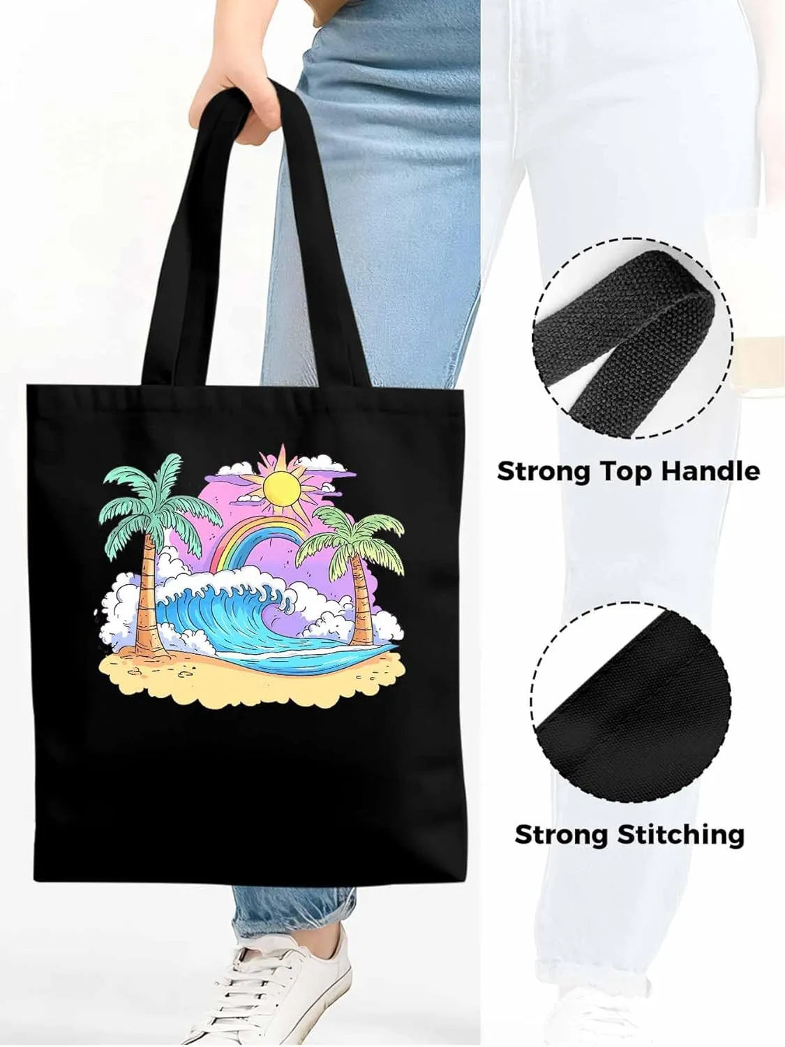 Canvas Tote Bag, Cartoon Ocean Rainbow Coconut Tree patterned Canvas Tote Handbags for Women Shoulder Bag,