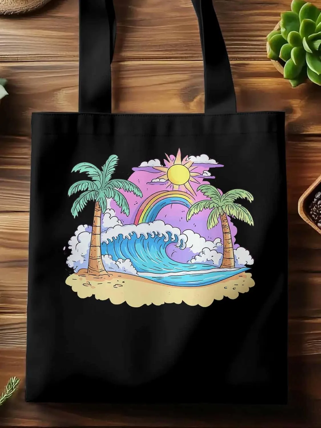 Canvas Tote Bag, Cartoon Ocean Rainbow Coconut Tree patterned Canvas Tote Handbags for Women Shoulder Bag,