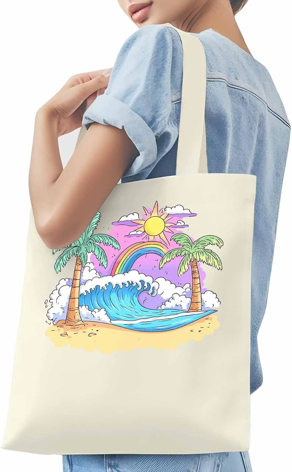 Canvas Tote Bag, Cartoon Ocean Rainbow Coconut Tree patterned Canvas Tote Handbags for Women Shoulder Bag,