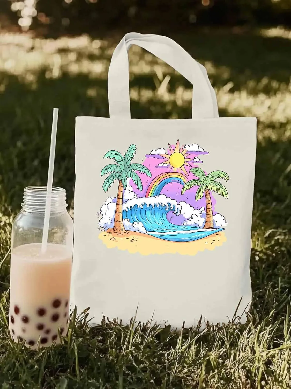 Canvas Tote Bag, Cartoon Ocean Rainbow Coconut Tree patterned Canvas Tote Handbags for Women Shoulder Bag,