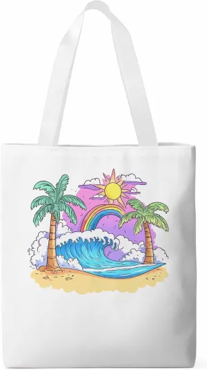 Canvas Tote Bag, Cartoon Ocean Rainbow Coconut Tree patterned Canvas Tote Handbags for Women Shoulder Bag,