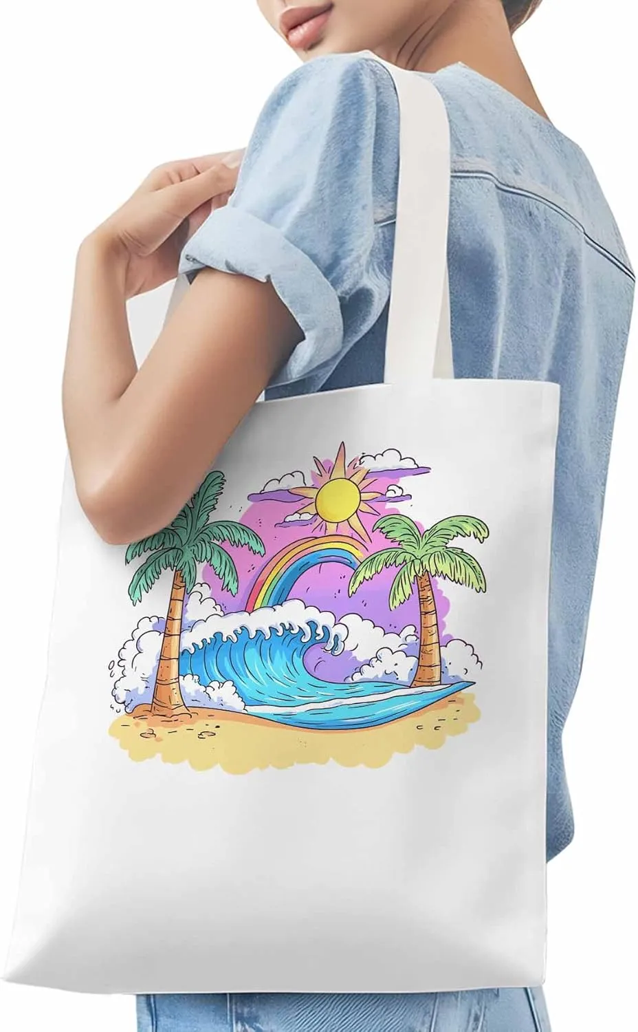 Canvas Tote Bag, Cartoon Ocean Rainbow Coconut Tree patterned Canvas Tote Handbags for Women Shoulder Bag,