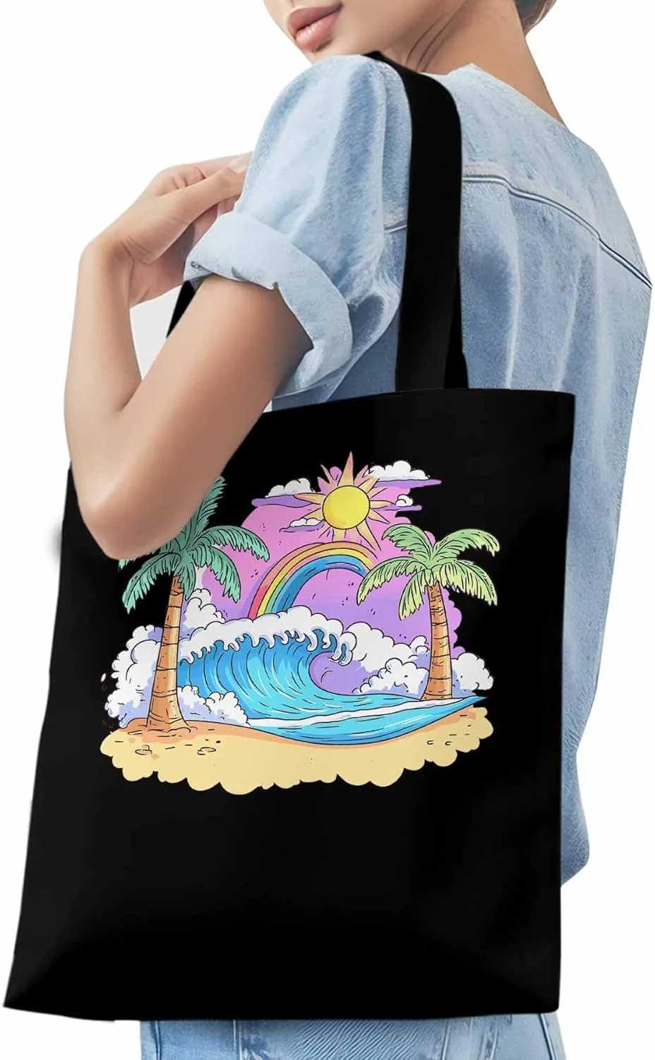 Canvas Tote Bag, Cartoon Ocean Rainbow Coconut Tree patterned Canvas Tote Handbags for Women Shoulder Bag,