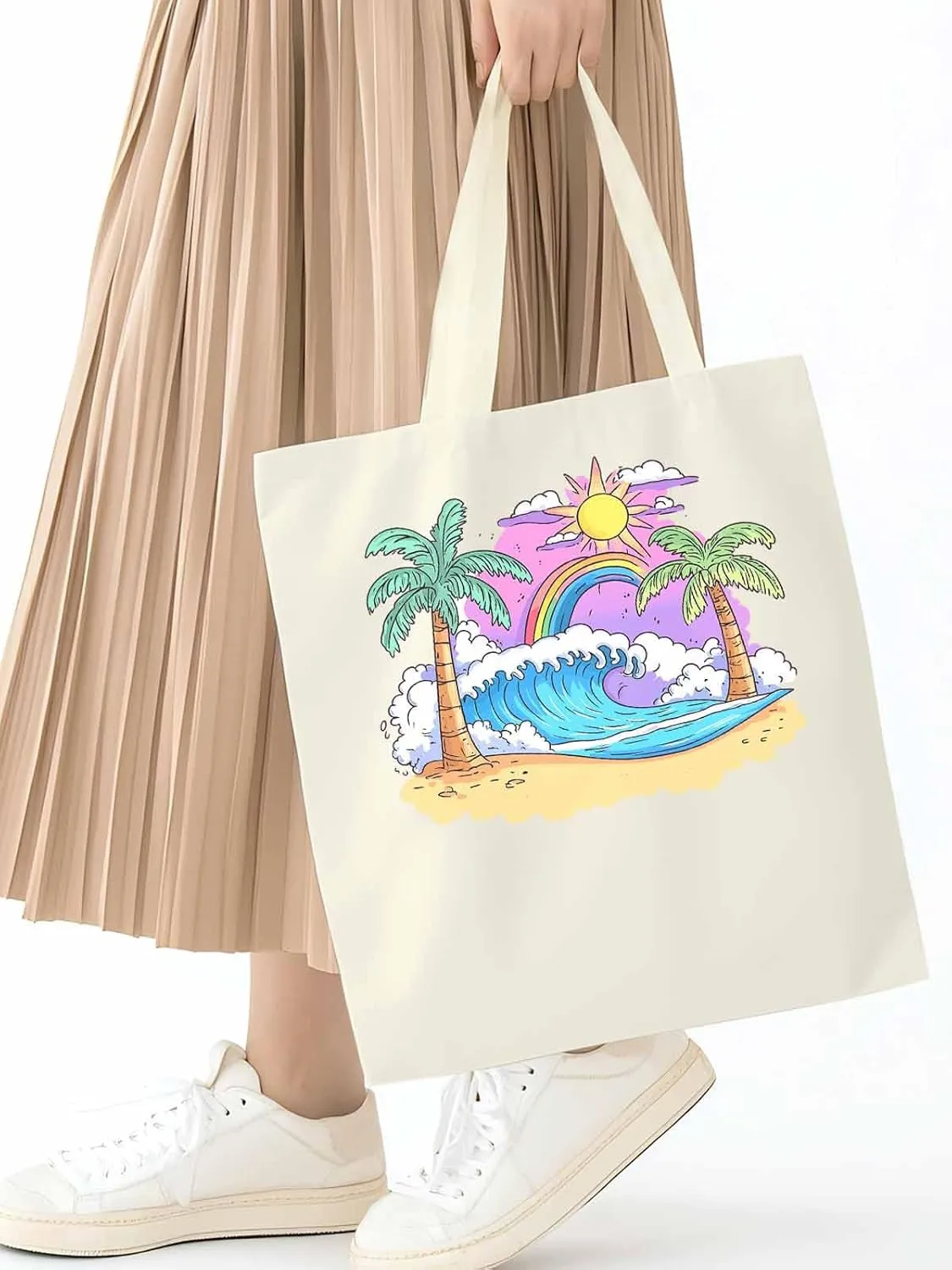 Canvas Tote Bag, Cartoon Ocean Rainbow Coconut Tree patterned Canvas Tote Handbags for Women Shoulder Bag,