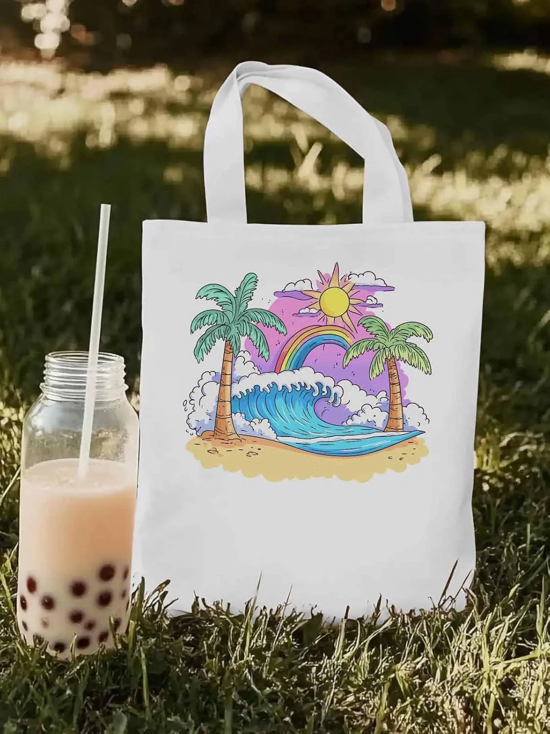 Canvas Tote Bag, Cartoon Ocean Rainbow Coconut Tree patterned Canvas Tote Handbags for Women Shoulder Bag,