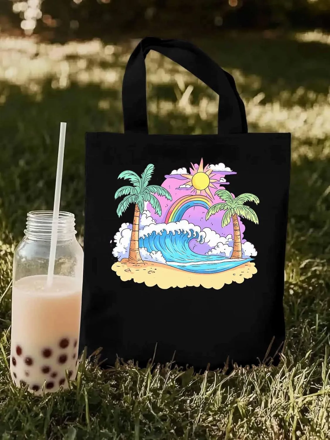 Canvas Tote Bag, Cartoon Ocean Rainbow Coconut Tree patterned Canvas Tote Handbags for Women Shoulder Bag,
