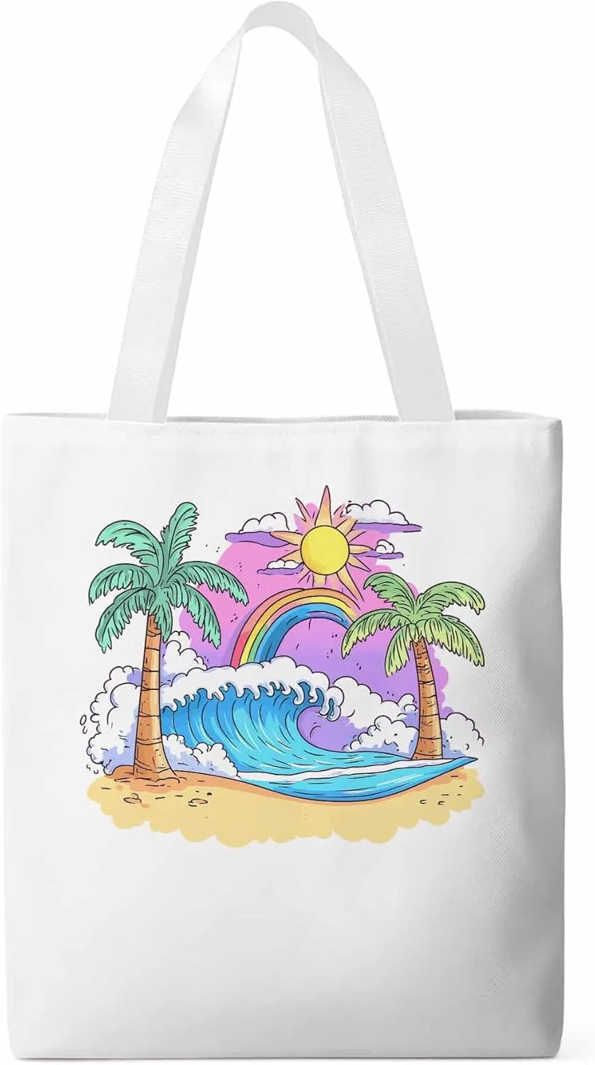 Canvas Tote Bag, Cartoon Ocean Rainbow Coconut Tree patterned Canvas Tote Handbags for Women Shoulder Bag,