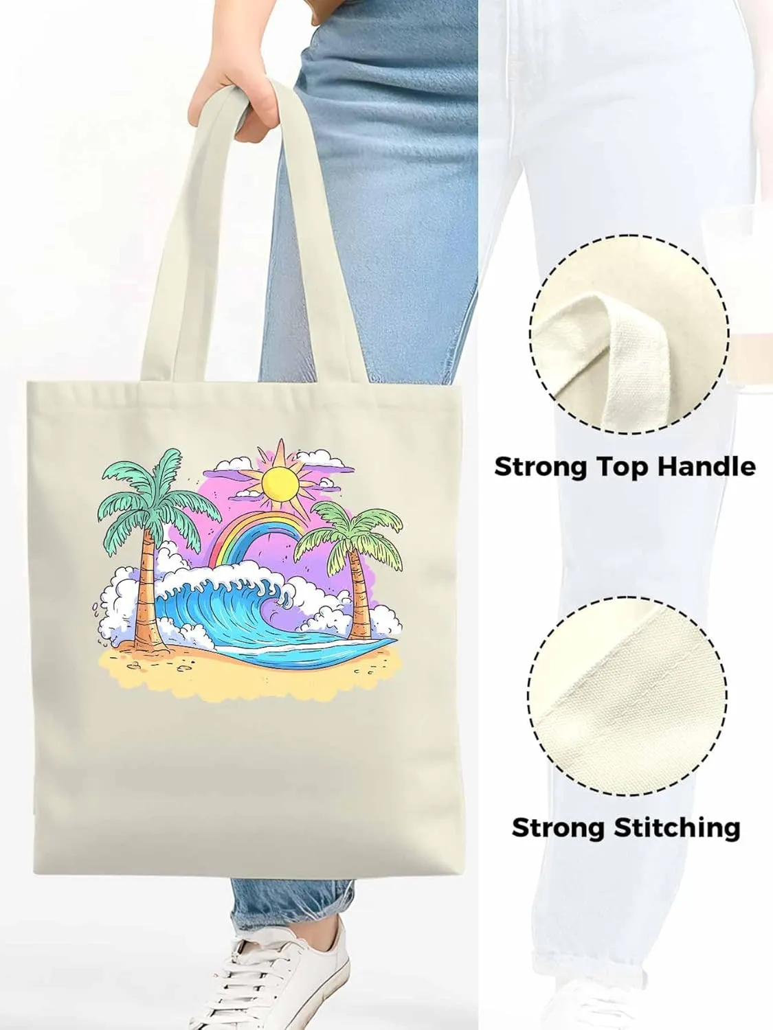 Canvas Tote Bag, Cartoon Ocean Rainbow Coconut Tree patterned Canvas Tote Handbags for Women Shoulder Bag,