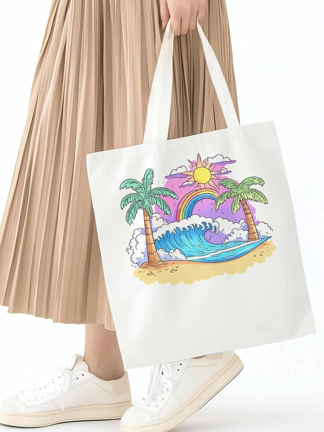 Canvas Tote Bag, Cartoon Ocean Rainbow Coconut Tree patterned Canvas Tote Handbags for Women Shoulder Bag,