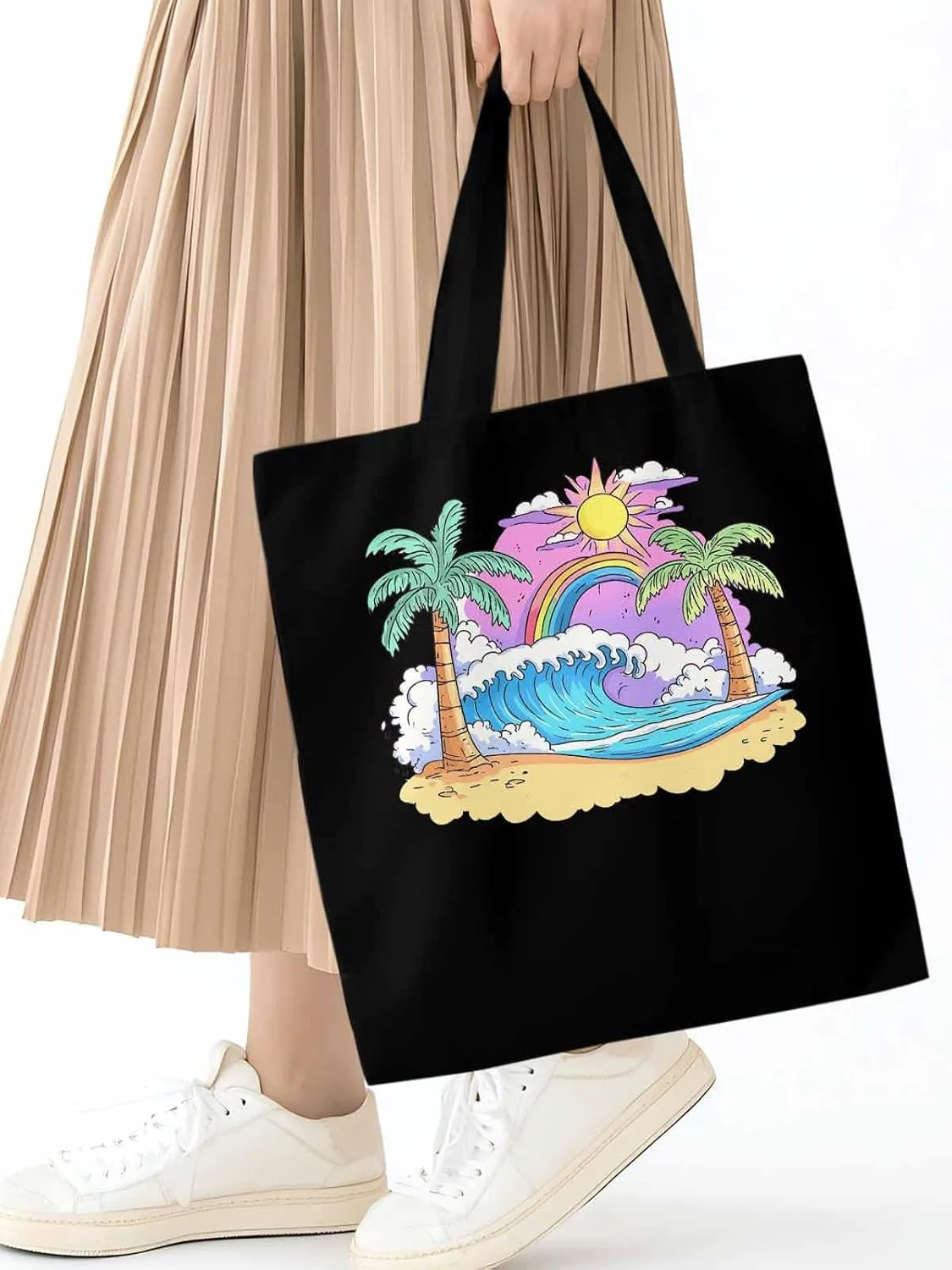 Canvas Tote Bag, Cartoon Ocean Rainbow Coconut Tree patterned Canvas Tote Handbags for Women Shoulder Bag,