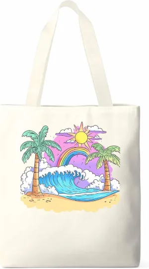 Canvas Tote Bag, Cartoon Ocean Rainbow Coconut Tree patterned Canvas Tote Handbags for Women Shoulder Bag,