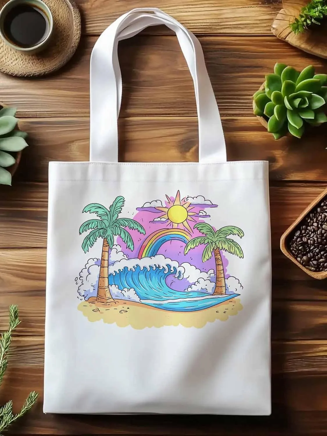 Canvas Tote Bag, Cartoon Ocean Rainbow Coconut Tree patterned Canvas Tote Handbags for Women Shoulder Bag,