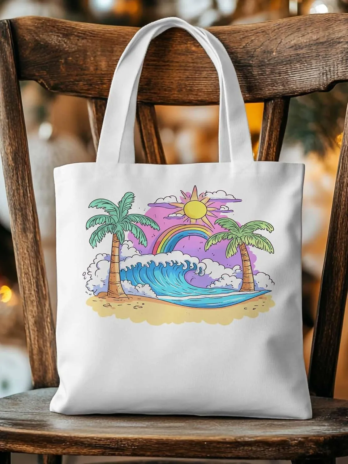 Canvas Tote Bag, Cartoon Ocean Rainbow Coconut Tree patterned Canvas Tote Handbags for Women Shoulder Bag,